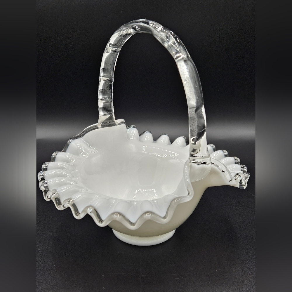 Vtg Fenton Silver Crest Milkglass #7237 SC 7" Handled Art Glass Basket